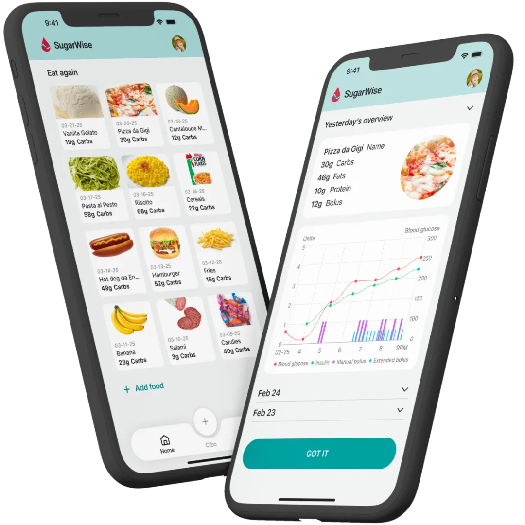 Schermate dell'app Sugarwise per la gestione quotidiana del diabete tipo 1 nei bambini